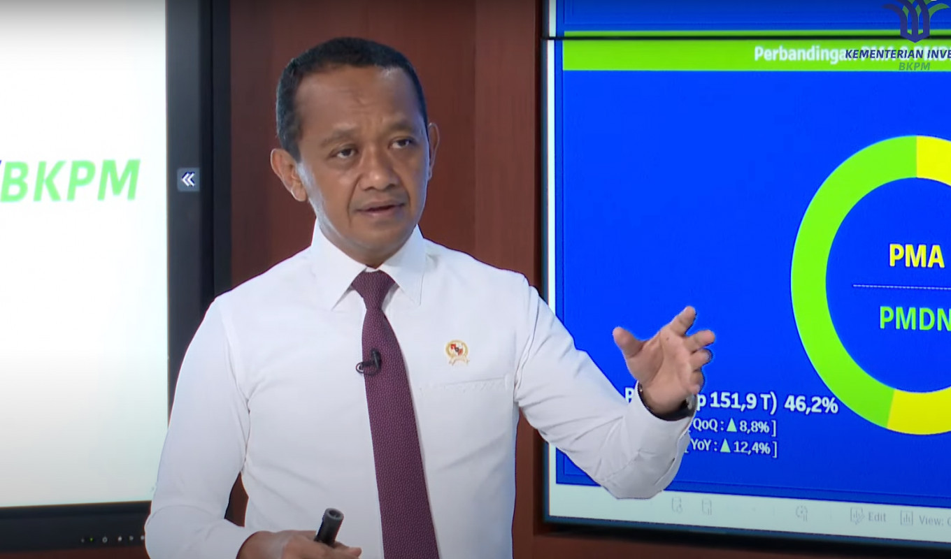 Investment Minister Bahlil Lahadalia speaks on April 28, 2023, during a press conference in this screenshot from the Investment Ministry's Youtube account.