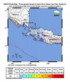 A screenshot of a graphic from the Meteorology, Climatology and Geophysics Agency (BMKG) shows the epicenter of a 4.7-magnitude earthquake that struck on Dec. 14, 2023 in Sukabumi, West Java.