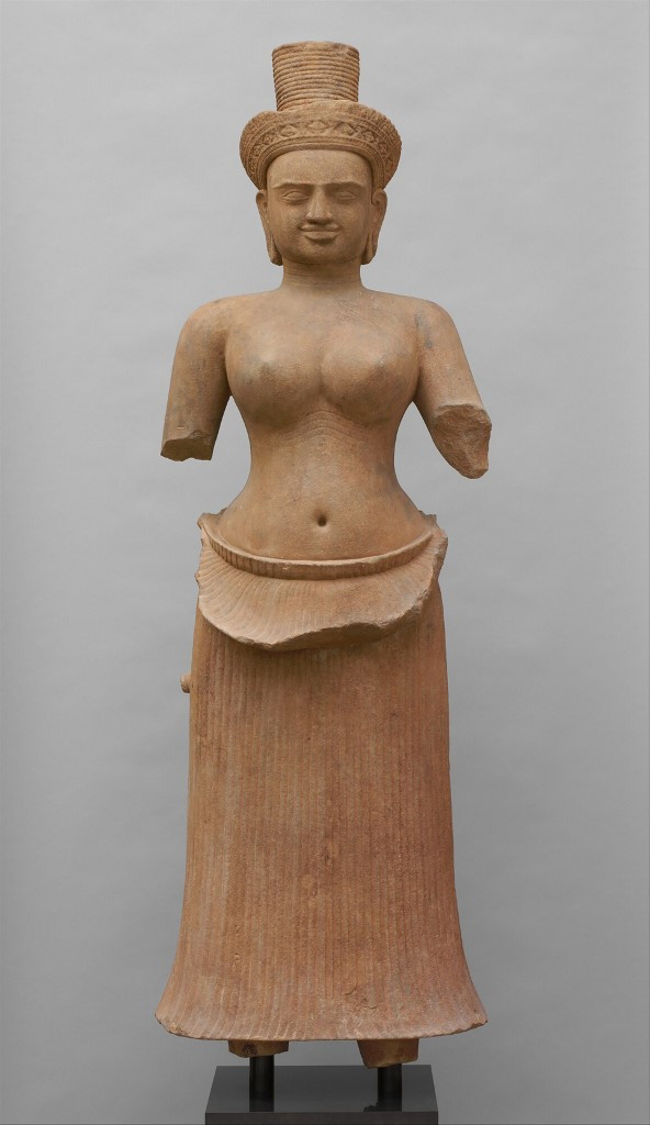 This image released by the US Attorney's Office for the Southern District of New York on Dec. 15, 2023, shows a 10th century goddess sandstone statue from Koh Ker, Cambodia. The attorney's office announced on Dec. 15, the return to Cambodia of 13 Khmer works of art looted near the famous Angkor temples and trafficked internationally until they were held by New York's prestigious Metropolitan Museum of Art, which “voluntarily“ returned them. US Attorney Damian Williams issued a press release announcing the return of statues and sculptures from the site of the ancient Khmer capital Kok Ker,  including the 10th-century representation of a goddess and the 7th-century Buddha head. 