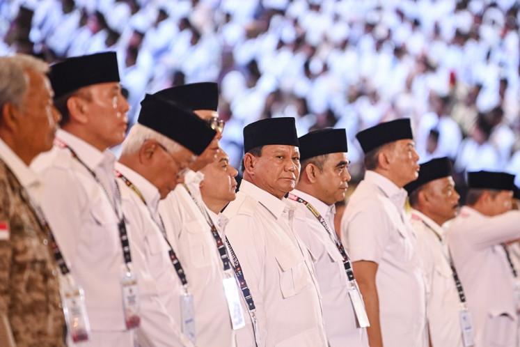 Presidential candidate and Gerindra Party chairman Prabowo Subianto (center) attends the party's national coordination meeting in Kemayoran, Jakarta on Dec. 15, 2023. Gerindra members discussed strategies to win votes for the 2024 presidential and legislative elections at the meeting.