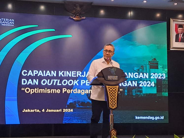 Trade Minister Zulkifli Hasan prepares to brief the press on the country's 2023 trade performance at the Trade Ministry building in Jakarta on Jan. 4, 2024.