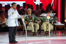 Defense Minister and presidential candidate Prabowo Subianto speaks during a televised debate at the Gelora Bung Karno Sports Stadium in Jakarta on Jan. 7, 2024.