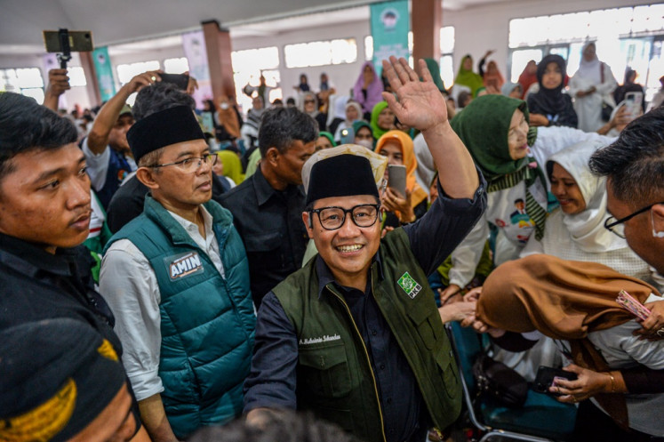 Vice-presidential candidate Muhaimin Iskandar greets supporters on Jan. 3, 2024, during a campaign event in Sumedang, West Java. During the event, Muhaimin met with a group of santri (Islamic boarding school students) and prayed for the victims of the Sumedang earthquake.