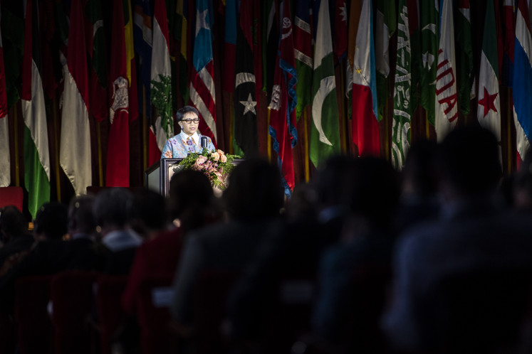Foreign Minister Retno LP Marsudi delivers her annual foreign policy speech at the Merdeka Building in Bandung, West Java on Jan. 8, 2024. In what is likely to be her last address before the imminent transition of power later this year. Retno proclaimed that Indonesia has successfully demonstrated its leadership and bridge-building role on the global stage.