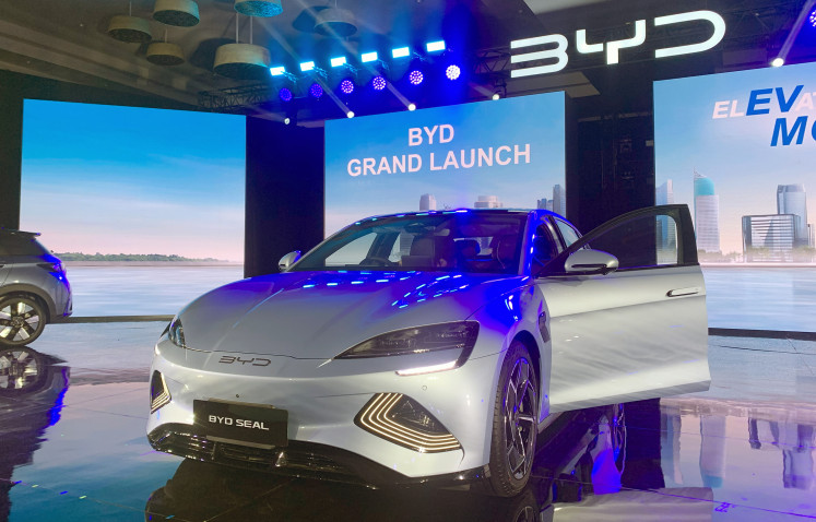 The BYD Seal is displayed on Jan. 18, 2024 during the Chinese electric vehicle maker's launch event in Jakarta.