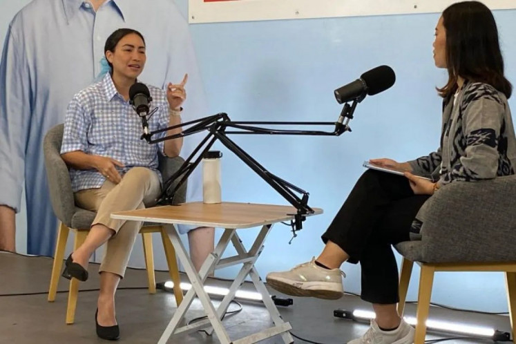 Prabowo-Gibran national campaign team spokeswoman Rahayu Saraswati Djojohadikusumo (left) talks during an interview with Antara news agency at the campaign’s media center in Jakarta on Jan. 23, 2024. Rahayu said the candidates’ programs would address the needs of all genders.