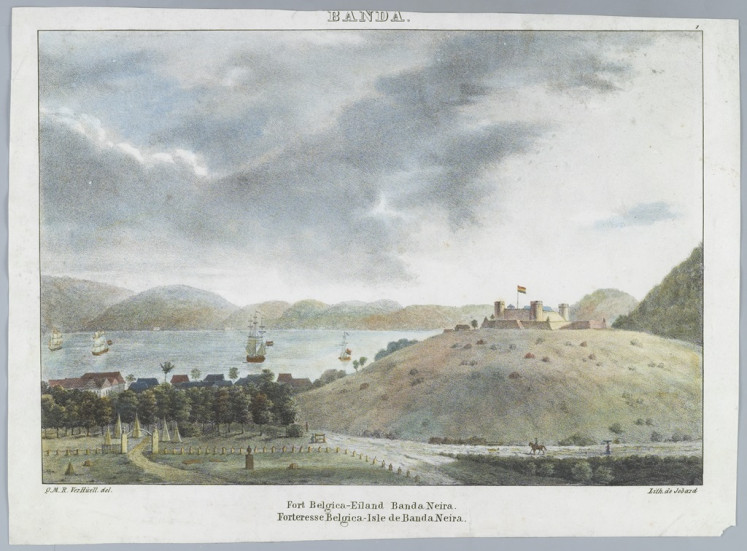 “Banda“ painted by QMR ver Huell and Jobard in 1824, shows the Dutch Fort Belgica-Eiland on Banda Neira Island in present day Maluku province.