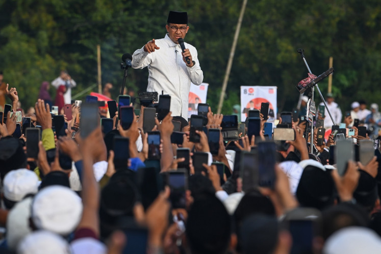 Anies Baswedan speaks on Jan. 31, 2024 during a presidential campaign event in Pamekasan, East Java.