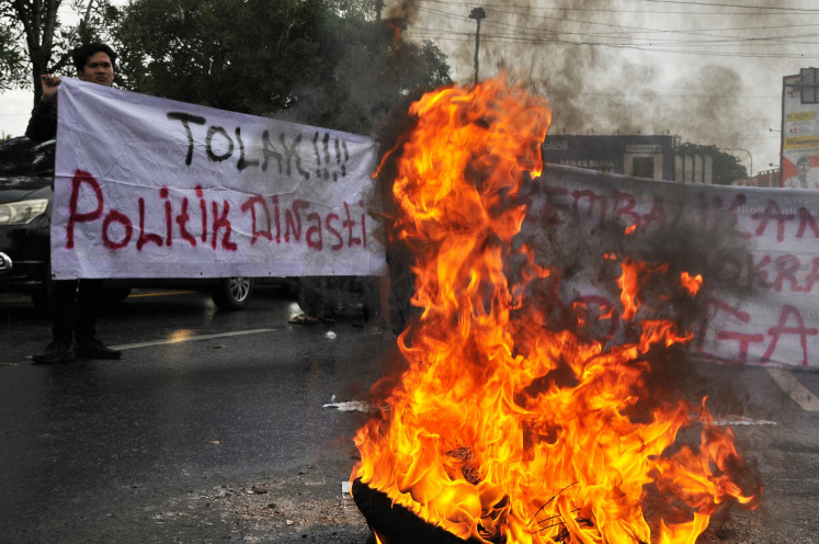 University students hold a protest on Feb. 7, 2024, against potential vote tampering and other forms of electoral fraud in the upcoming 2024 general election, in Bekasi, West Java.