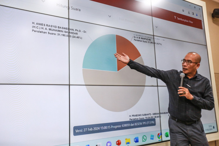 General Elections Commission (KPU) chair Hasyim Asy'ari shows a partial vote tally for the 2024 presidential election at a press briefing at the commission’s building in Jakarta on Feb. 27, 2024.