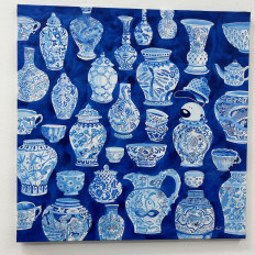 Spot the dog: Gugug peeks out of a vase in ‘Hiding with Care’, an acrylic painting by its creator Muhammad “Emte” Taufiq that was displayed along with other artworks featuring the titular character of the serial comic strip in Gugug! The Impawsible Exhibition, which ran from Jan. 27 to Feb. 25 at Slab by Rachel Gallery in Menteng, Central Jakarta.