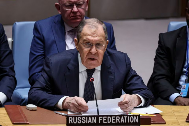 Russia's Foreign Minister Sergei Lavrov speaks during a meeting of the United Nations Security Council on the crisis in Ukraine at United Nations headquarters in New York, on Jan. 22, 2024. 