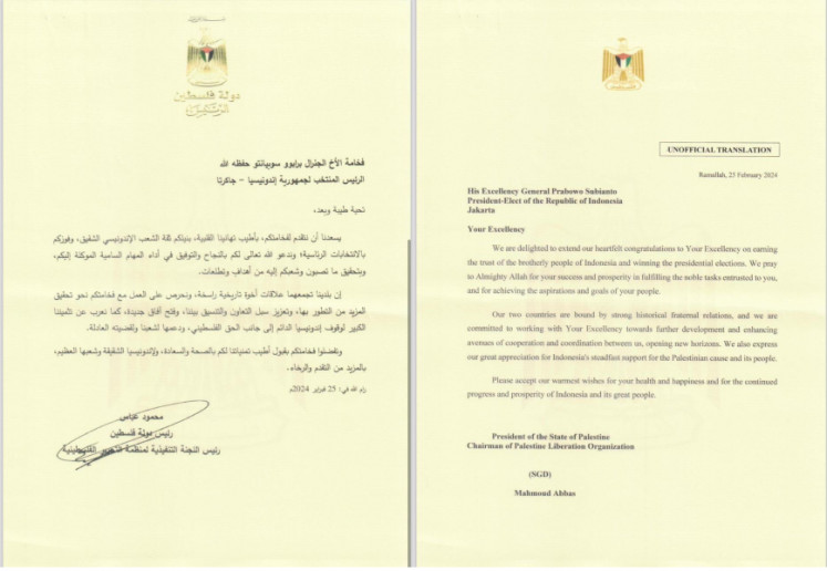 A letter from Palestinian President Mahmoud Abbas in Arabic (left) congratulating presumptive president-elect Prabowo Subianto, along with the letter’s English translation, appear in this image shared on March 7, 2024 by the Defense Ministry.