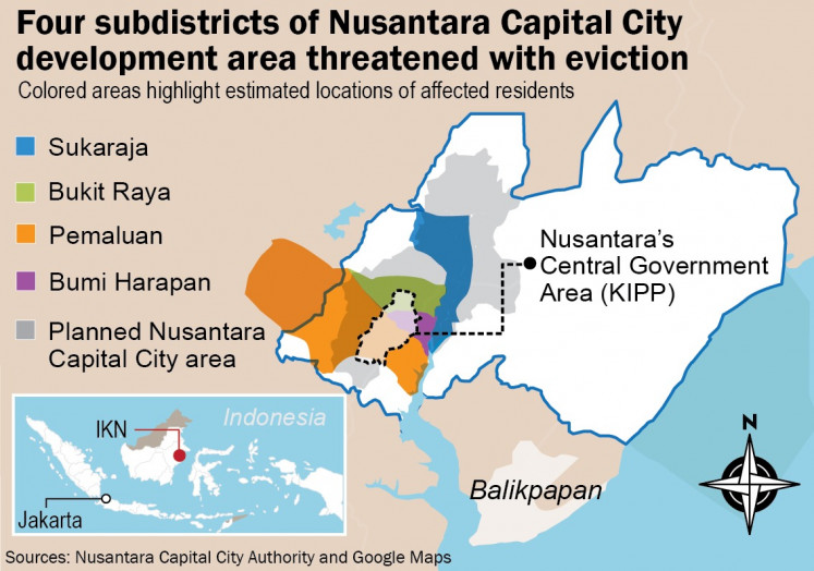 A map showing the Nusantara Capital City project, shown in grey area, would take a significant chunk of four subdistricts in North Penajam Paser regency, East Kalimantan.
