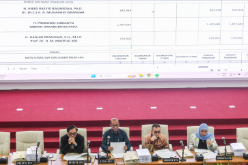 General Elections Commission (KPU) chairman Hasyim Asy'ari (second left) and commissioners Yulianto Sudrajat (left), Parsadaan Harahap (second right) and Betty Epsilon Idroos (right) preside over a 2024 elections tabulation meeting for votes from South Kalimantan at the commission building in Jakarta on March 12, 2024.