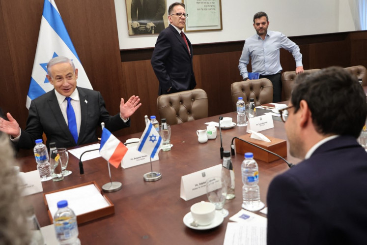 Israeli Prime Minister Benjamin Netanyahu (left) meets with France's Foreign Minister Stephane Sejourne (right) in Jerusalem on February 5, 2024. 