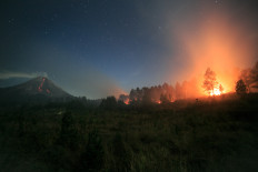 A forest fire burning near Mount Merapi volcano in the Mount Merapi National Park (TNGM) in Magelang, Central Java, is pictured on Sept. 22, 2023.