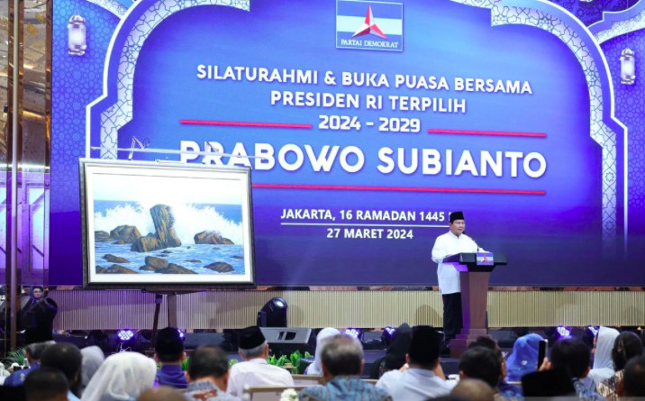 President-elect Prabowo Subianto delivers a speech during an event at the Democratic Party headquarters on March 27, 2024.