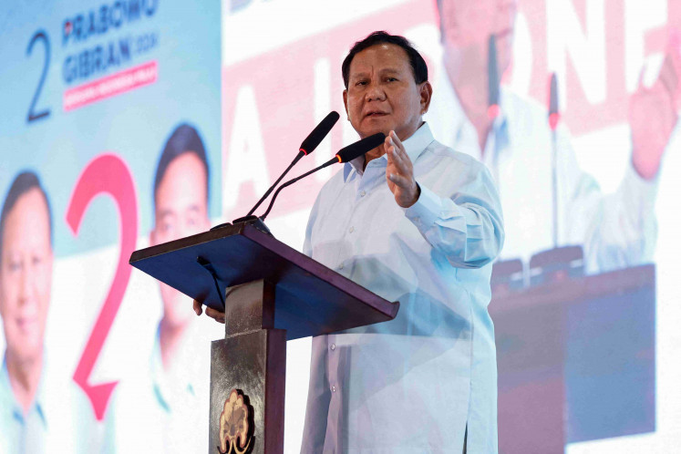 Defense minister and president-elect Prabowo Subianto delivers his speech in front of the  Indonesian Advocate Alliance, during his campaign rally in Jakarta on Jan. 26, 2024. 