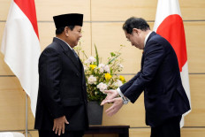 President-elect and current Defense Minister Prabowo Subianto (left) and Japan's Prime Minister Fumio Kishida meet at the prime minister's office in Tokyo April 3, 2024.