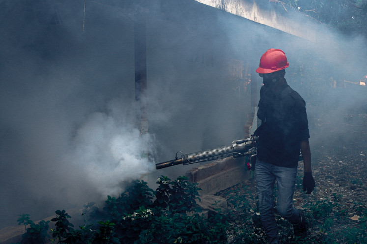 A worker sprays insecticide as an effort to prevent the spread of dengue fever in Mataram, West Nusa Tenggara (NTB), on March 13, 2024.