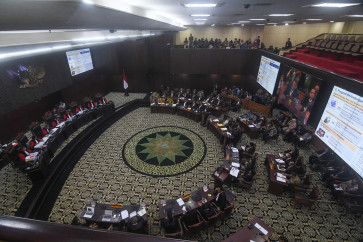 An eight-justice panel of the Constitutional Court holds a hearing on a 2024 election dispute at the court building in Jakarta on April 5, 2024.