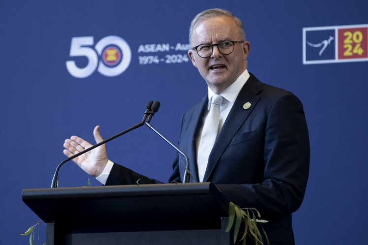 This handout photo taken and released on March 5, 2024, by the ASEAN-Australia Special Summit 2024 shows Australian Prime Minister Anthony Albanese addressing the reception for the ASEAN-Australia Special Summit 2024 in Melbourne. (/ / AFP) / RESTRICTED TO EDITORIAL USE - MANDATORY CREDIT “AFP PHOTO / ASEAN-Australia Special Summit 2024 / ARSINEH HOUSPIAN“ - NO MARKETING - NO ADVERTISING CAMPAIGNS - DISTRIBUTED AS A SERVICE TO CLIENTS