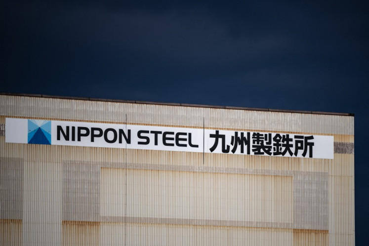 This picture taken on Feb. 16, 2024 shows a logo of Nippon Steel Corp. at the company's Kyushu manufacturing base in Kitakyushu city of Fukuoka Prefecture, Japan. 