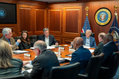 n this handout photo provided by the White House, US President Joe Biden meets with members of the National Security team regarding the unfolding missile attacks on Israel from Iran, on April 13, 2024 in the White House Situation Room in Washington, DC.   