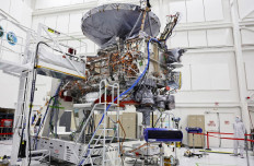 The NASA Europa Clipper spacecraft is viewed inside a Spacecraft Assembly Facility clean room at NASA's Jet Propulsion Laboratory (JPL) on April 11, 2024 in Pasadena, California. The spacecraft is scheduled to investigate and perform flybys of Europa, Jupiter's moon, where data suggests a global ocean of water lies beneath the icy surface which may be habitable for life.