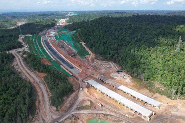 A cleared forest area marks a 7.3-kilometer toll road project underway near the new capital city of Nusantara in East Kalimantan, as seen in this undated handout photo from state-owned construction company PT Wijaya Karya, the project’s developer.