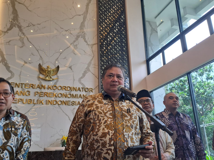 Coordinating Economic Minister Airlangga Hartarto speaks before the press on Apr. 16, 2024, about government's economic stand on the Iran-Israel conflict, in his Jakarta office.