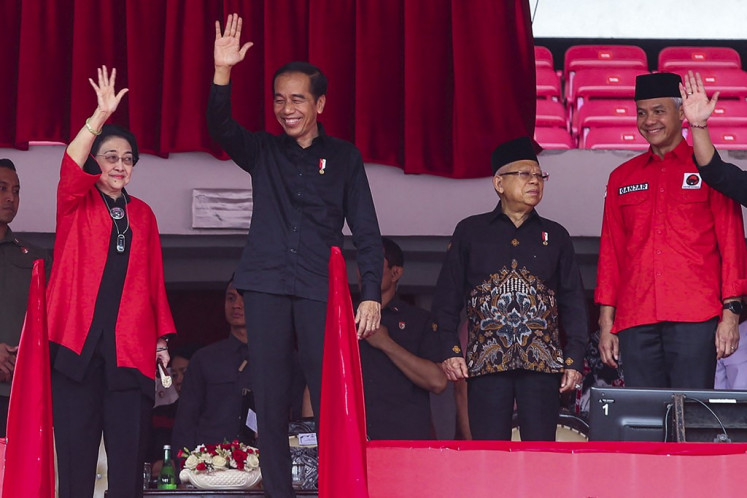 (From left to right) Indonesian Democratic Party of Struggle (PDI-P) chair Megawati Soekarnoputri, President Joko “Jokowi“ Widodo, Vice President Ma'ruf Amin and presidential candidate and former Central Java governor Ganjar Pranowo attend the 'Sukarno Month' celebration for the naiton's founder, on June 24, 2023, at the Gelora Bung Karno Stadium in Jakarta.