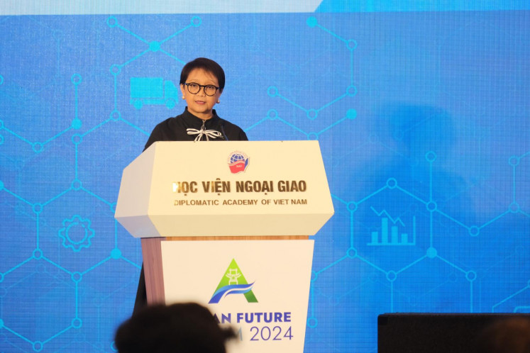 Foreign Minister Retno LP Marsudi delivers a speech at the 2024 ASEAN Future Forum in Hanoi on April 23, 2024.
