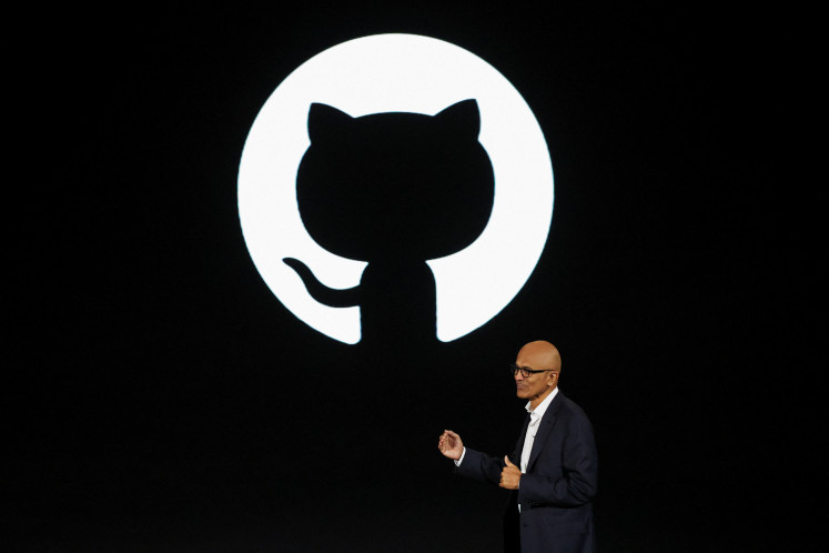 Executive Chairman and CEO of Microsoft Corporation Satya Nadella gestures while speaking during the “Microsoft Build: AI Day“ event in Jakarta, April 30, 2024. 