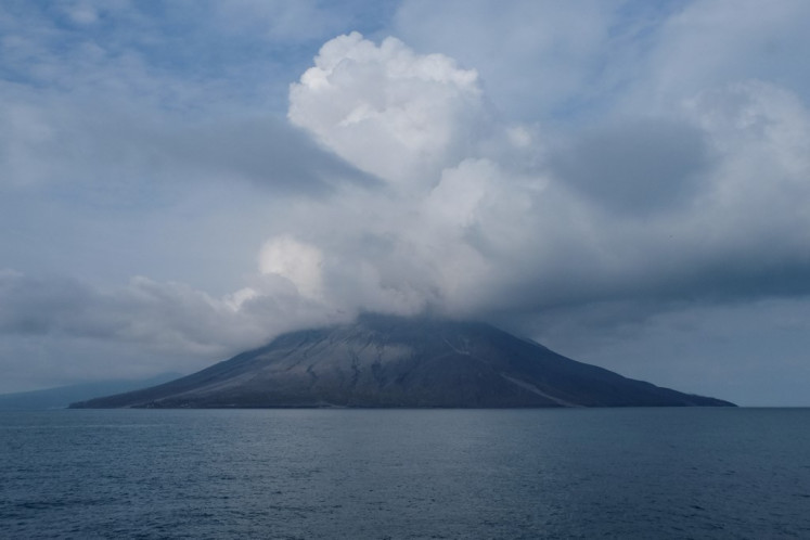 Mount Ruang volcano is seen from Sitaro, North Sulawesi, on May 1, 2024. 