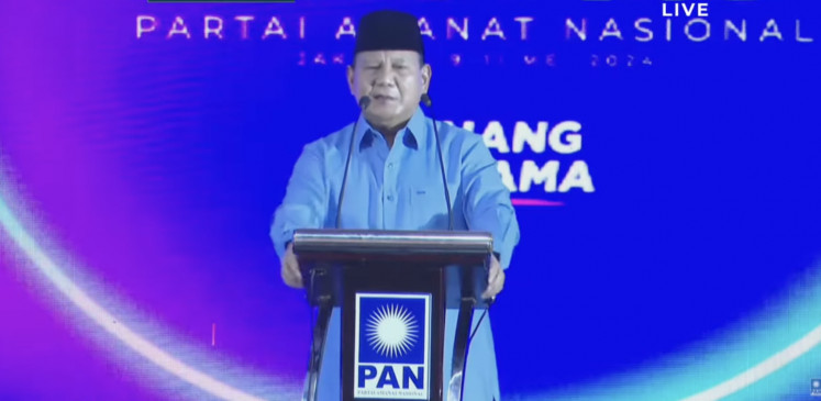 President-elect Prabowo Subianto delivers a speech on May 9, 2024, at a National Mandate Party (PAN) conference.