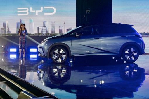 First sight: The newly launched BYD Dolphin is displayed on Jan. 18, 2024 in Jakarta at an event marking the Chinese electric car brand’s entrance into the Indonesian market. 