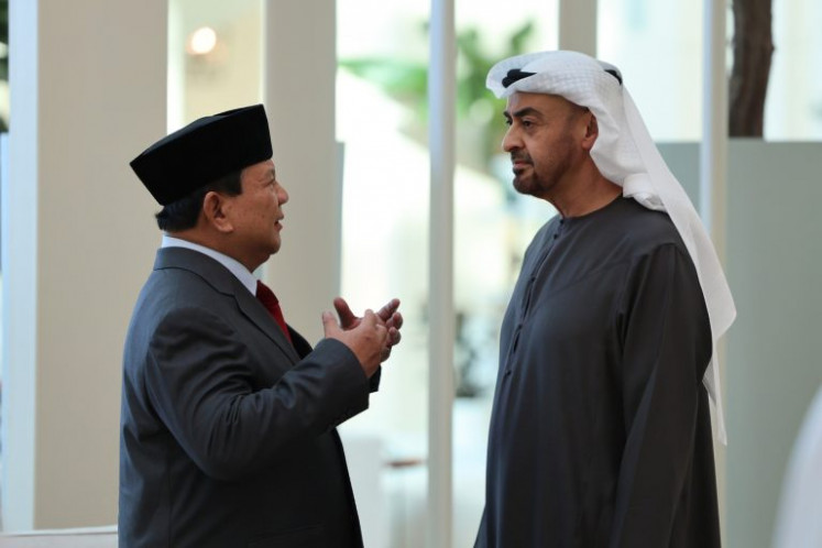 Defense Minister and president-elect Prabowo Subianto (left) meets
with United Arab Emirates President Sheikh Mohammed bin Zayed al-Nahyan on May 13, 2024, at Al Shati Palace in Abu Dhabi. The bilateral talks focused on defense cooperation.