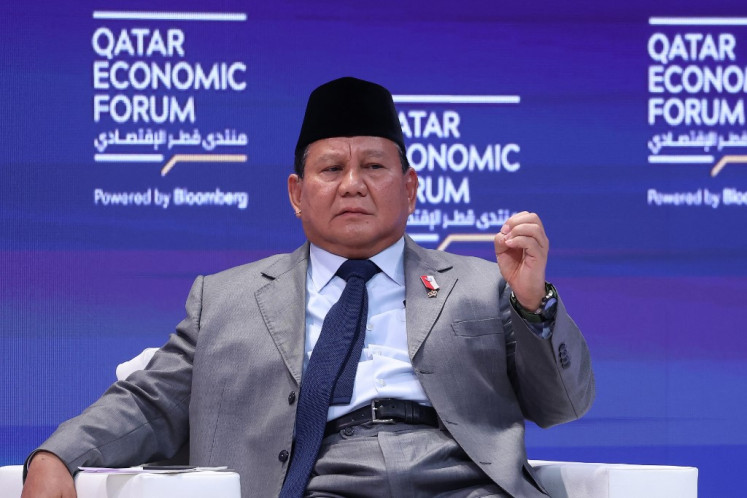 Minister of Defence Prabowo Subianto gestures during a session at the Qatar Economic Forum in Doha on May 15, 2024. 