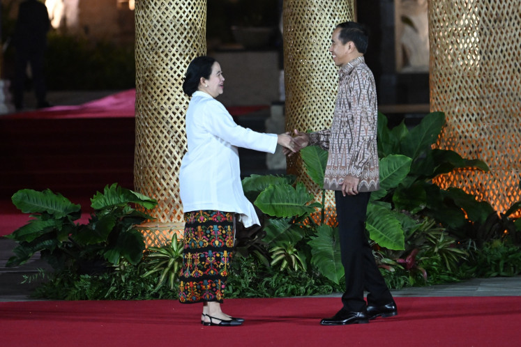 President Joko “Jokowi“ Widodo (right) greets House of Representatives Speaker Puan Maharani, who comes as a representative of the Inter-Parliamentary Union, ahead of the gala dinner of the 10th World Water Forum at Garuda Wisnu Kencana (GWK) cultural park in Bali on May 19, 2024.
