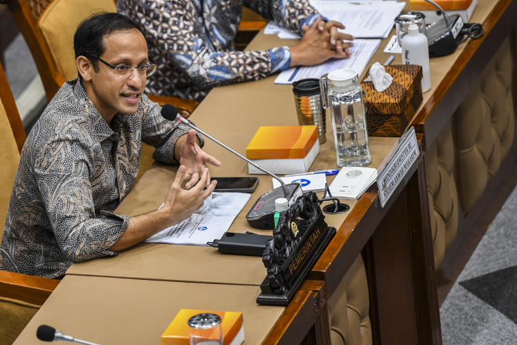 Education, Culture, Research and Technology Minister Nadiem Makarim attends a working meeting with members of the House of Representatives on May 21, 2024, in Senayan, Jakarta. The meeting focused on state universities’ financial management and a controversy over soaring tuition fees.