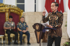 President Joko “Jokowi” Widodo speaks at the State Palace in Jakarta on May 27, 2024, during the launch of INA Digital, an initiative that seeks to digitize and integrate public services.
