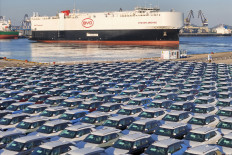 Electric cars for export are photographed on January, 10, 2024, as they wait to be loaded on
to the BYD Explorer NO. 1, a vessel designed to export Chinese automobiles, at Yantai Port, in
eastern China's Shandong province.