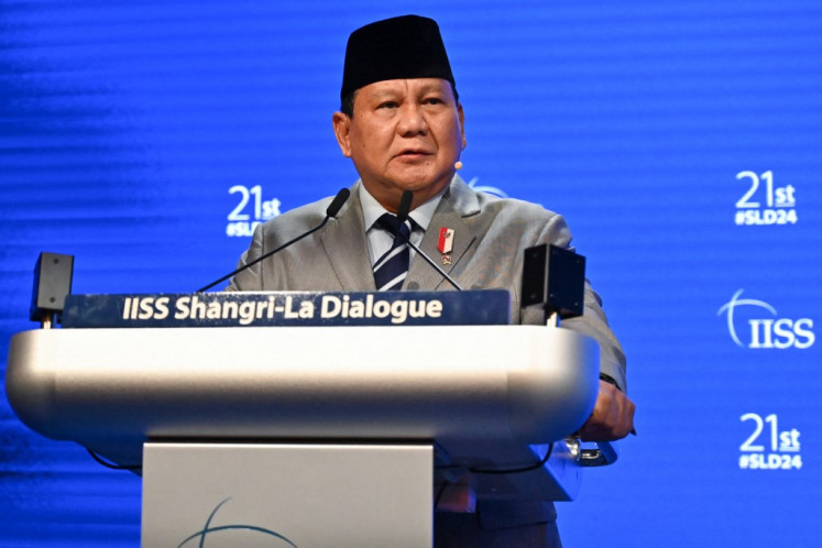 Defence Minister and president-elect Prabowo Subianto speaks during the 21st Shangri-La Dialogue summit in Singapore on June 1, 2024.