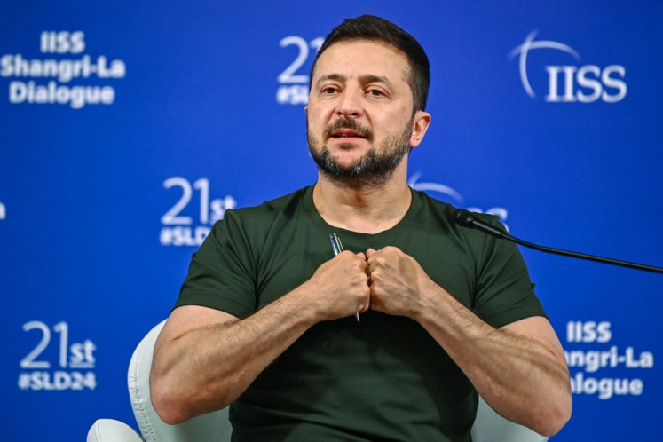Ukraine's President Volodymyr Zelensky speaks during the 21st Shangri-La Dialogue summit at the Shangri-La Hotel in Singapore on June 2, 2024. 