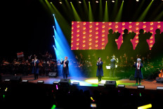 A taste of hip-hop: A quartet from the Batavia Madrigal Singers (BMS) entertains the crowd with “Bling-Bang-Bang-Born”, the opening theme of the anime series Mashle: Magic and Muscles during the Jakarta Concert Orchestra’s Anime Symphony: Resonance in Jakarta on June 8, 2024. (Courtesy of Jakarta Concert Orchestra)
