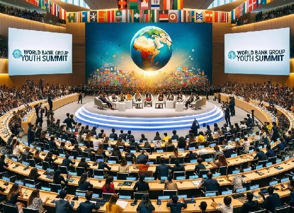 Participants watch a panel discussion at the World Youth Summit, organized by the World Bank Group at its headquarters in Washington, DC, on May 30-31, 2024.