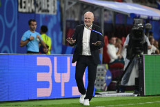 Czech Republic's head coach Ivan Hasek gestures during the UEFA Euro 2024 Group F football match between Portugal and the Czech Republic at the Leipzig Stadium in Leipzig on June 18, 2024. 