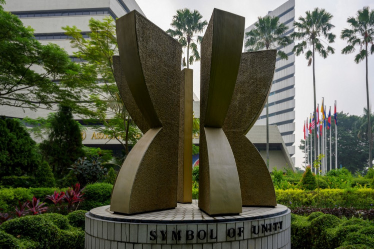 A statue is seen in the courtyard of the ASEAN secretariat building in Jakarta on April 20, 2021, ahead of the ASEAN Summit on April 24.